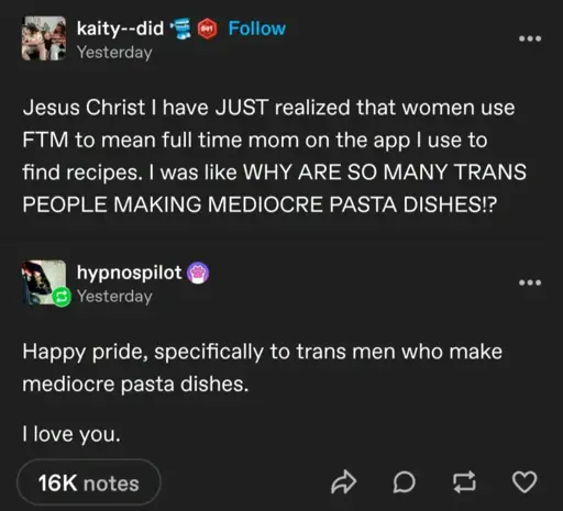 two tumblr posts

kaity--did 

Jesus Christ I have JUST realized that women use FTM to mean full time mom on the app I use to find recipes. I was like WHY ARE SO MANY TRANS PEOPLE MAKING MEDIOCRE PASTA DISHES!?

reply by hypnospilot

Happy pride, specifically to trans men who make mediocre pasta dishes. 
I love you.
16K notes