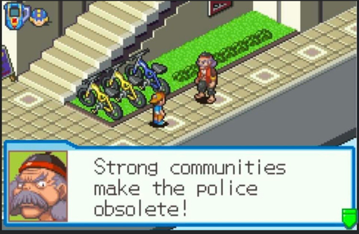 Pixel art screenshot from Mega Man Battle Network showing a character saying, "Strong communities make the police obsolete!"