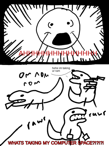 a person screaming with text that says "AHHHHHH" and below that there are 3 dinos eating RAM and the bottom text says "WHATS TAKING MY COMPUTER SPACE!?!?!?" and the top right dino is saying "hehe im taking ur ram"