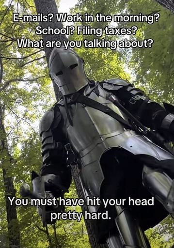 POV looking up from the ground at an armored knight with the caption “E-mails? Work in the morning?
School? Filing taxes?
What are you talking about?
You must have hit your head pretty hard”