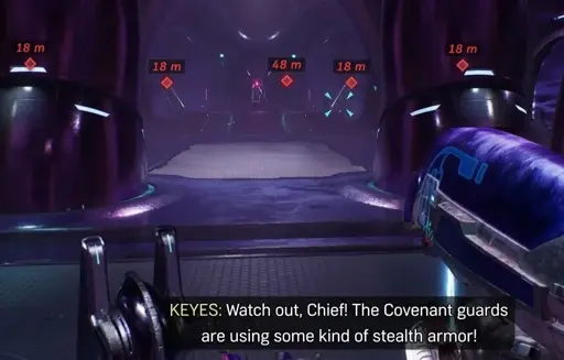 Master Chief enters a room with markers floating above invisible enemies