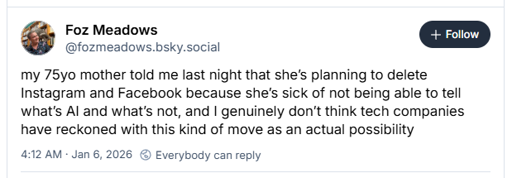 Bluesky post: my 75yo mother told me last night that she’s planning to delete Instagram and Facebook because she’s sick of not being able to tell what’s AI and what’s not, and I genuinely don’t think tech companies have reckoned with this kind of move as an actual possibility