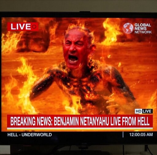 A picture of a man being burned with "Israeli" PM Benjamin Netanyahu's face plastered on his head 