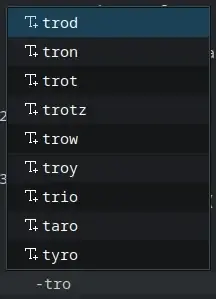 the image shows a list of auto-complete words in kate