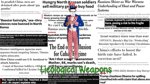 An Uncle Sam chudjak in front of a collage of mainstream media propaganda. Under the chudjak is the text "Lieological Weapons" in a green oozing font.