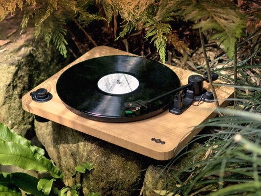 A photograph of a wooden turntable with a black record running on it. The device is sitting on a rock in the forest.