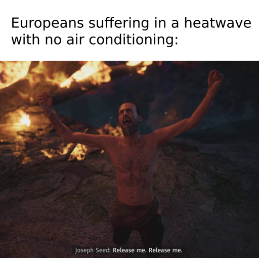 Europeans suffering in a heatwave with no air conditioning: (screenshot from Far Cry New Dawn with someone on their knees in front of a fire saying "Release me. Release me.")