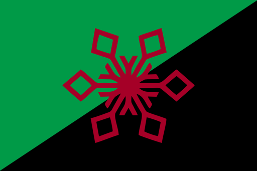 A flag containing a green-and-black diagonal and a blood red snowflake in the middle.