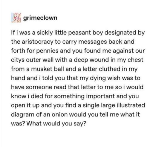 Screenshot of a Tumblr post by user grimeclown:

If I was a sickly little peasant boy designated by the aristocracy to carry messages back and forth for pennies and you found me against our city's outer wall with a deep wound in my chest from a musket ball and a letter clutched in my hand and I told you that my dying wish was to have someone read that letter to me so I would know I died for something important and you open it up and you find a single large diagram of an onion would you tell me what it was? What would you say?