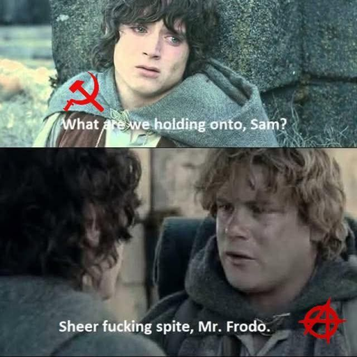 Two-panel meme from The Lord of the Rings Series, Two Towers. Top panel shows an exhausted Frodo leaning against a rock, labeled with a hammer-and-sickle, saying “What are we holding onto, Sam?” Bottom panel shows his companion Sam with an anarchist symbol, replying, “Sheer fucking spite, Mr. Frodo.”, The meme uses the scene to represent refusing to give up on the goal of destroying capitalism.